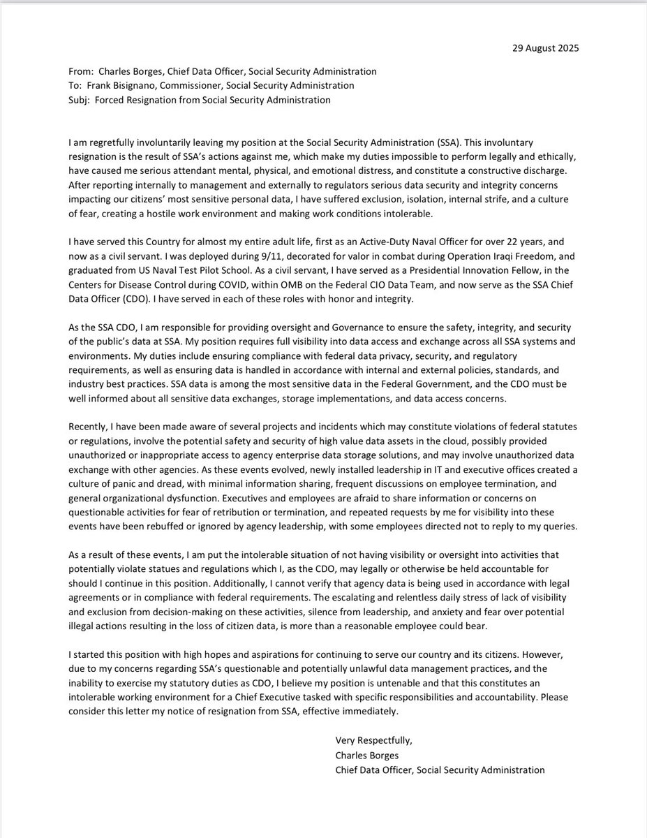 A letter dated 29 August 2025 from Charles Borges, Chief Data Officer, Social Security Administration, addressed to Frank Biggs, Commissioner. The letter includes text about resignation and mentions the Social Security Administration.