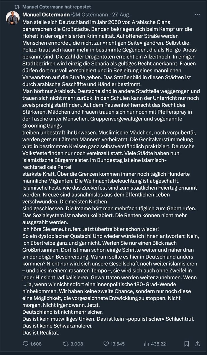 Jana (@janaviktoriana) on Twitter photo Dieser Tweet von <a href="/M_Ostermann/">Manuel Ostermann</a> über seine Meinung zur akuten Lage auf den Straßen Deutschlands unterliegt im deutschen X-Space der Zensur. Screenshot stammt von Übersee: Im Ausland sehen die User den Tweet. Dieser Tweet von <a href="/M_Ostermann/">Manuel Ostermann</a> über seine Meinung zur akuten Lage auf den Straßen Deutschlands unterliegt im deutschen X-Space der Zensur. Screenshot stammt von Übersee: Im Ausland sehen die User den Tweet.