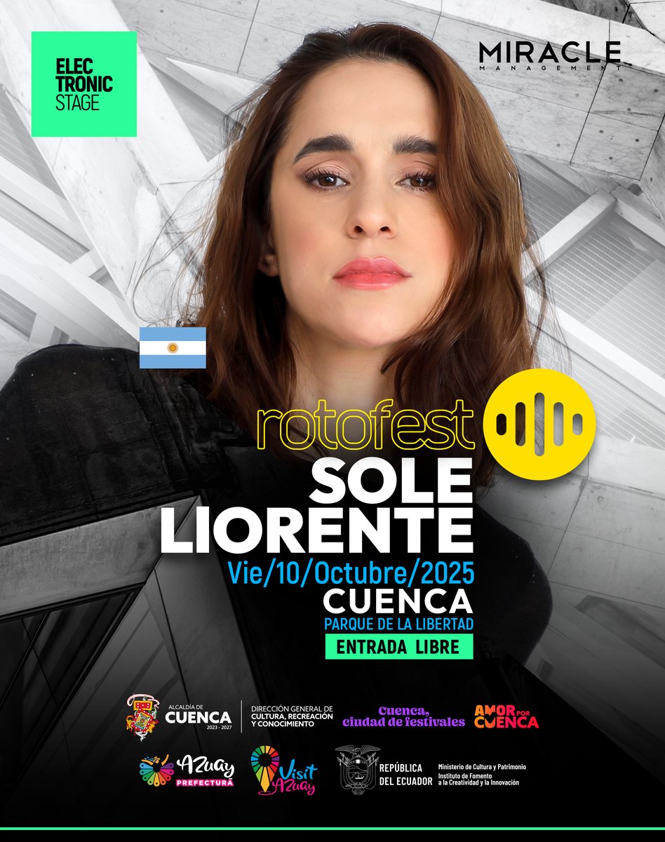 🎧 SOLE LLORENTE 🇦🇷
La voz del techno argentino que está conquistando Europa 🌍 llega directo a #Rotofest2025.
⚡ Una experiencia techno intensa, hipnótica y sin respiro.
📅 Vie 10 OCT
📍 Parque de la Libertad – Cuenca
🎟 Entrada libre

#Techno #ElectronicMusic #Rotofest #Cuenca