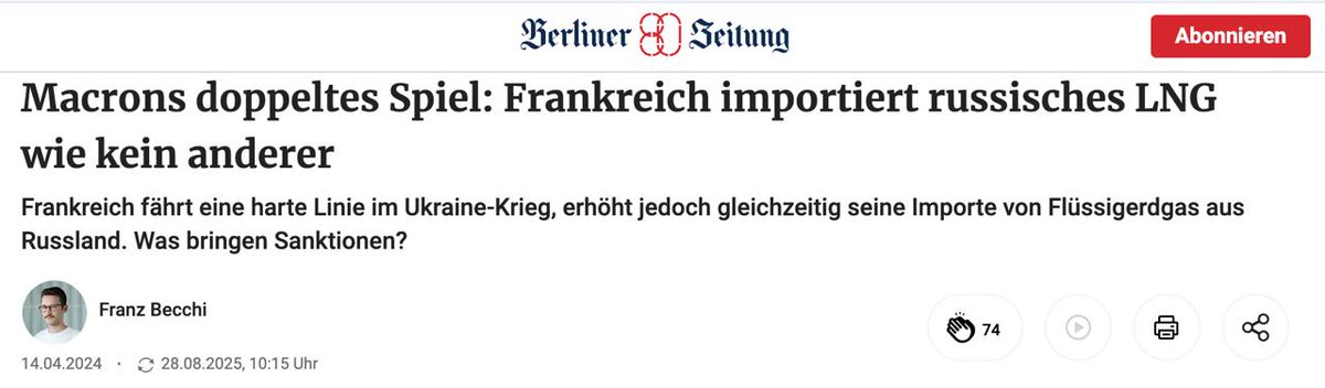 OlgaBazova's tweet photo. Macron's double game: Paris screams about sanctions, but itself pours millions into Russian gas
▪️Berliner Zeitung reports: France has purchased more Russian LNG than any EU country, paying about 600 million euros in just three months.
➖"It cannot be that France, on the one hand, takes a tough stance against Russia, and on the other hand — pays huge sums for Russian gas," said an anonymous EU diplomat.
▪️In 2024, EU countries transferred more than 8 billion euros to Russia, and at least nine states continue to receive Russian LNG by sea.