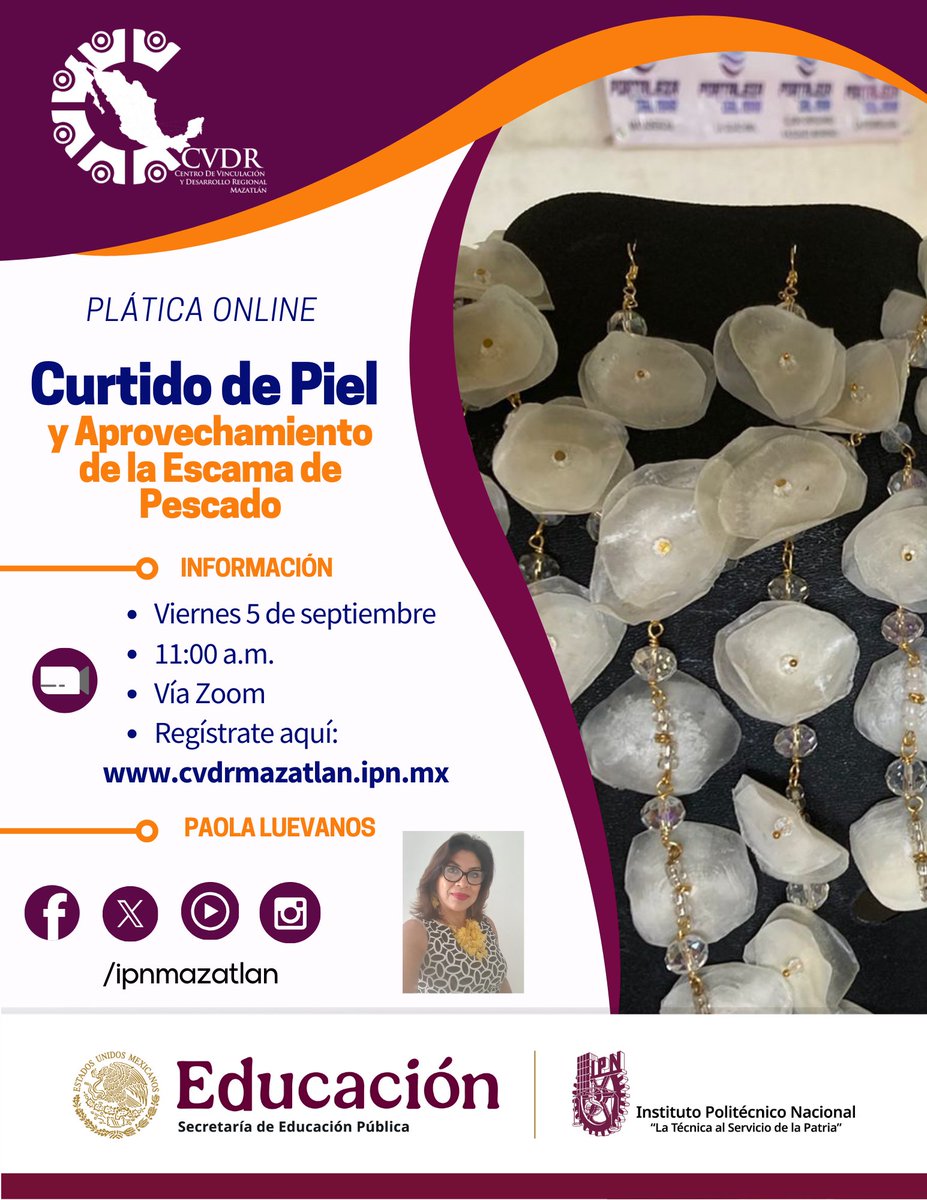 ¿Imaginas convertir la piel y escama de pescado en recursos valiosos? 🤔
¡No te la pierdas nuestra plática! Descubre cómo la creatividad y la ciencia se unen para reducir residuos. #MedioAmbiente #Reciclaje #Artesanía #Sostenibilidad
Regístrate aquí: 👇
us06web.zoom.us/meeting/regist…