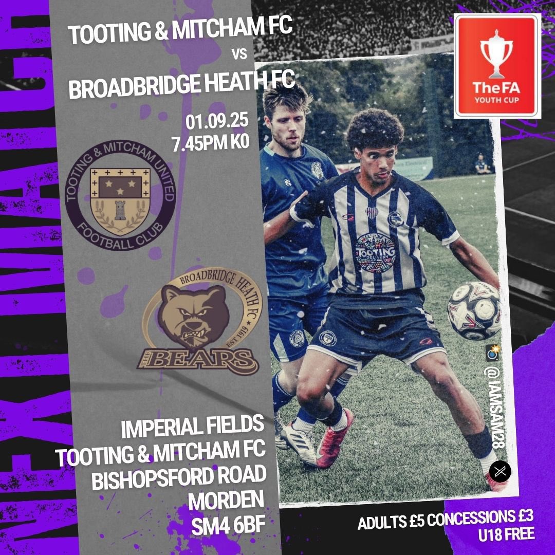 MONDAY NIGHT FA YOUTH CUP AT IMPERIAL FIELDS

Monday night sees our U18s take on Broadbridge Heath FC in the FA Youth Cup.

It’s in the main stadium with a 7.45pm kick off.

Admission for adults is £5, Concessions £3 and Under 18s FREE.

Please come along and support the young