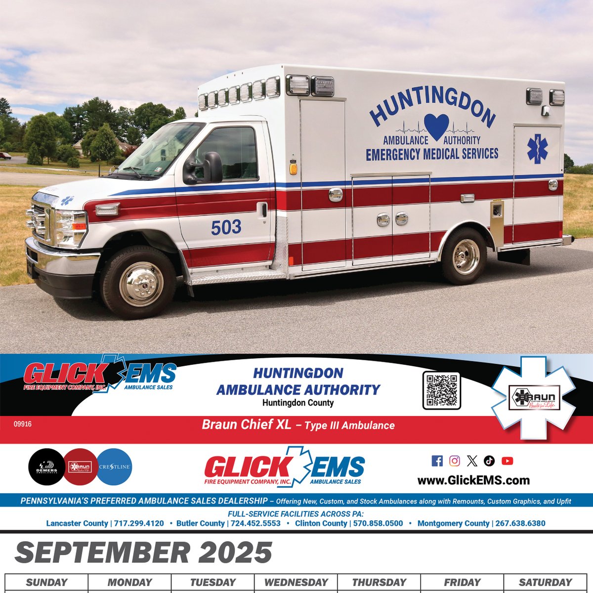 September's Ambulance of the Month in the GLICK EMS 2025 calendar is from Huntingdon Ambulance Authority in Huntingdon County, PA. Unit 503 is a 2023 Braun Chief XL on a Ford E-450 gas chassis. 

For more information, visit glickfire.com/apparatus/hunt….