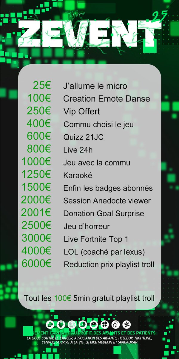 Voici les Donation Goal pour le #zevent #ZEVENT2025 pour la chaine !  On se retrouve donc le 5,6 et 7 septembre en live twitch.tv/evan91380_ !