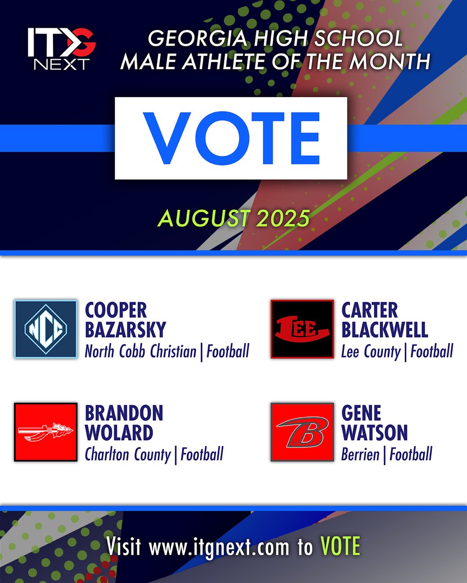 Who will be our August 2025 Georgia High School Male Athlete of the Month?

🗳️ Click or tap here to cast your vote to help decide the winner: itgnext.com/athlete-of-the…

<a href="/cooperbazarsky/">Cooper Bazarsky</a> <a href="/NCCEaglesFb/">North Cobb Christian Football</a> 
<a href="/CarterBwell/">Carter Blackwell</a> <a href="/LCHSTrojans/">LCHS Trojans</a> @leecountyschool <a href="/LeeAthletics1/">LEE ATHLETICS</a> <a href="/rockerlee229/">The Rocker Lee</a>