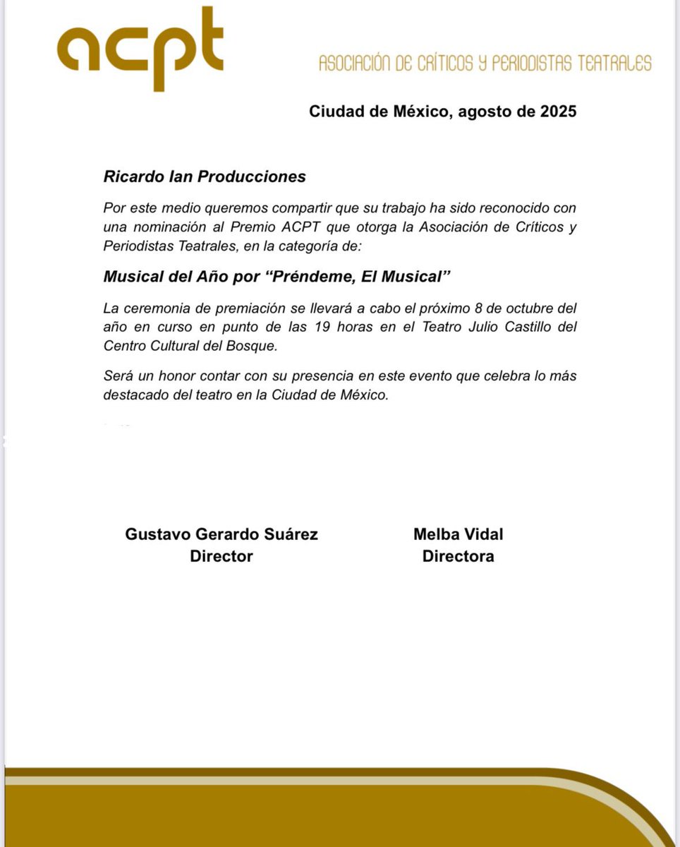 Nos vemos en el #CentroCulturalDelBosque <a href="/CCB_INBAL/">CCB</a> en Octubre
Como Director de Producción, Arte y Coach Actoral de #PrendeMeElMusical me siento sumamente orgulloso.
#PremiosACPT <a href="/LOSACPTMX/">PREMIOS ACPT</a>