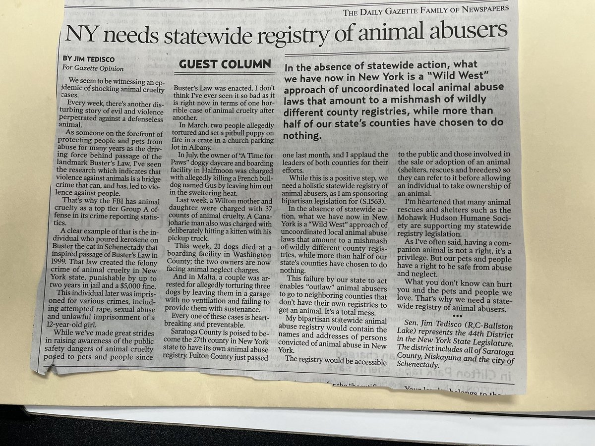 📰 Daily Gazette Guest Column: NY Needs Statewide Registry of Animal Abusers!
