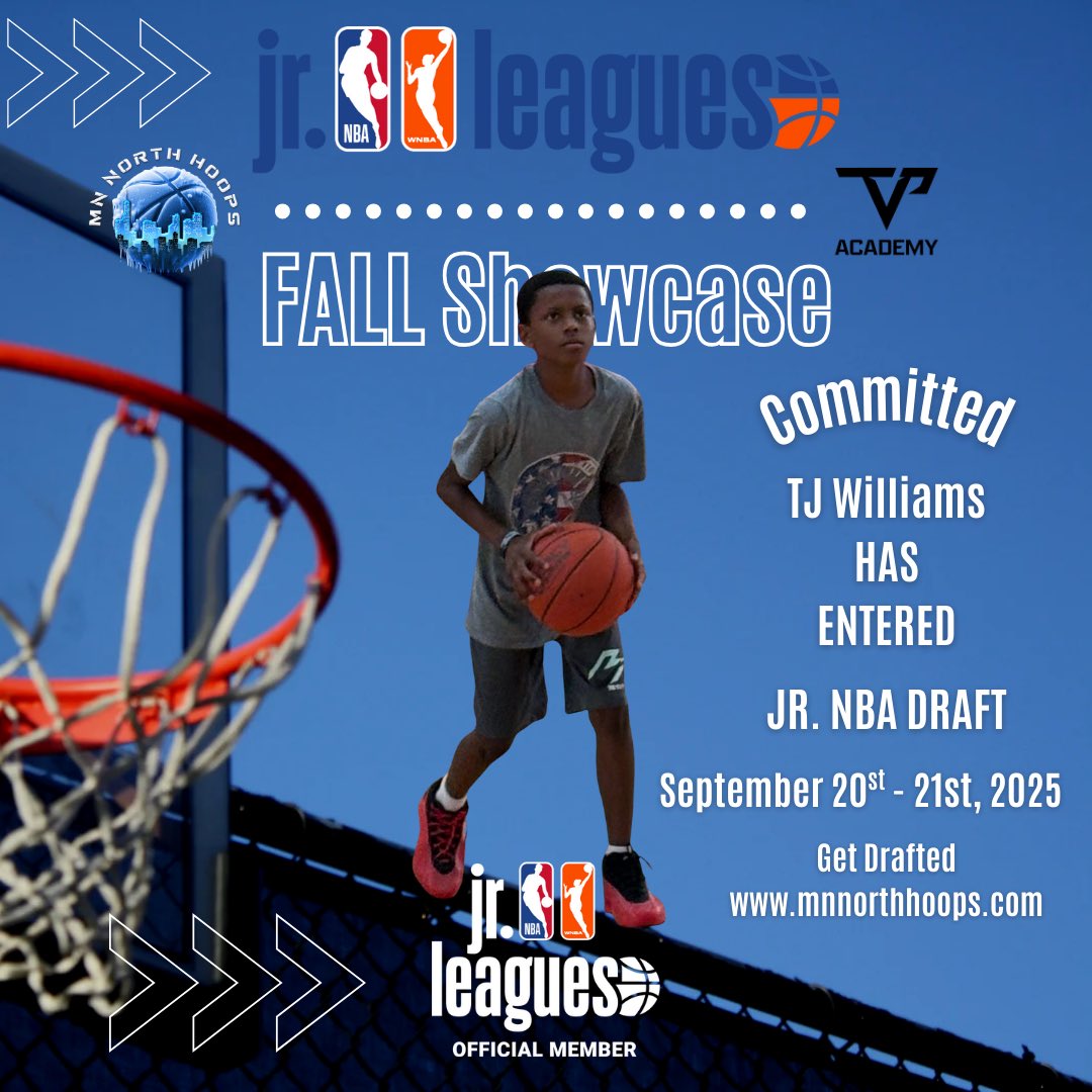 🏀 Sharpshooter Committed! 🏀

We’re excited to announce that TJ Williams has officially committed to the Jr. NBA Fall Showcase and has entered the draft. 🔥

Get Drafted join our Jr. NBA Fall Showcase 
mnnorthhoops.com

#JrNBA #MNNorthHoops #YouthDevelopment #FallShowcase