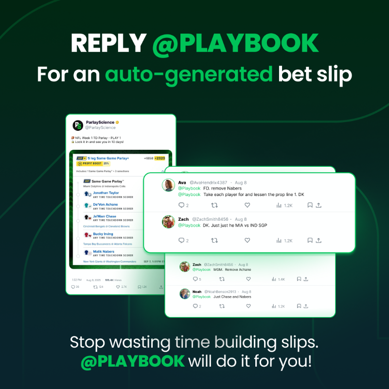Playbook's tweet photo. Need an easy way to tail a parlay? 

Tag @Playbook with your book of choice and we’ll build it for you. In your reply, ride it as-is or tweak any legs ✏️ exactly how you want them. https://t.co/CnzIzZGdGt