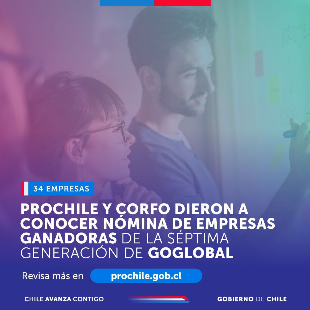 ¡Ya están los seleccionados de la 7ª generación de #GoGlobal!

ProChile y <a href="/Corfo/">Corfo</a> publicaron las 34 empresas chilenas ganadoras del programa que impulsa la internacionalización de emprendimientos innovadores con potencial de expansión global.🌎 

+ info👉   prochile.gob.cl/noticias/detal…