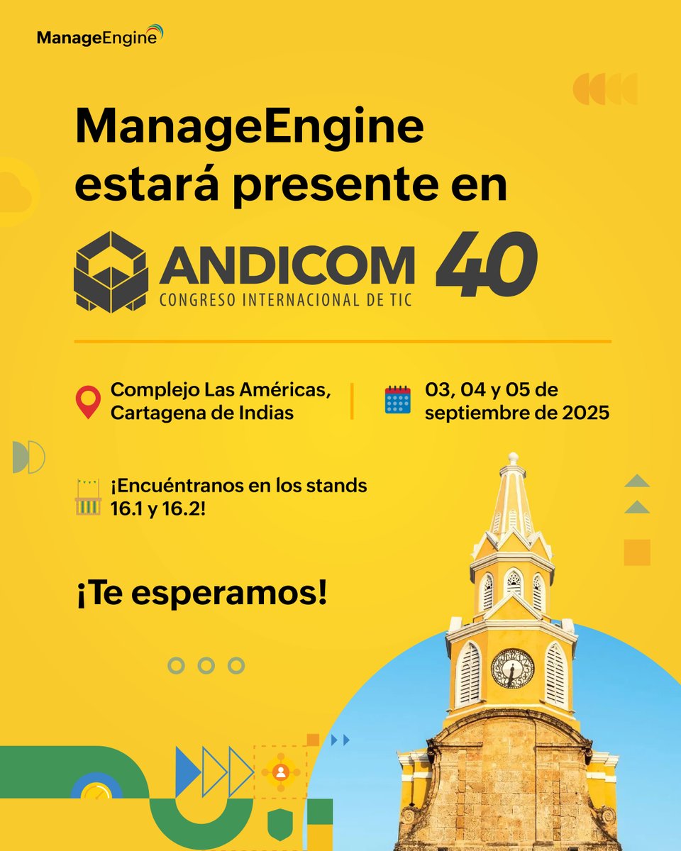 ManageEngineLA's tweet image. 🚀 La innovación llega a Cartagena 🌴. Este 3, 4 y 5 de septiembre, acompáñanos en #Andicom2025 y descubre en el stand de #ManageEngineLATAM cómo llevar tu gestión de TI al próximo nivel con soluciones que transforman y protegen. 💡 ¿Ya te agendaste? ¡Te esperamos! 🤩