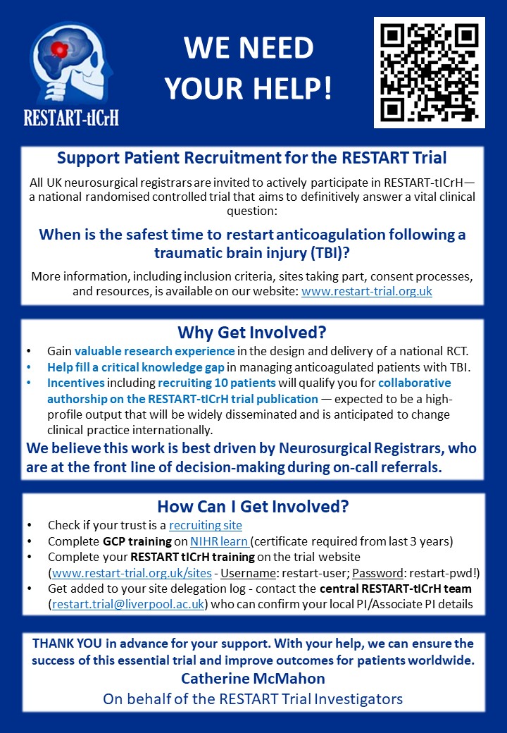 TBI on anticoagulation? 🧠🔨

The RESTART-tICrH trial is recruiting neurosurgery registrars to collaborate in the national RCT- only 10 patients required to qualify for authorship!

See the link below for further details 👇

restart-trial.org.uk
