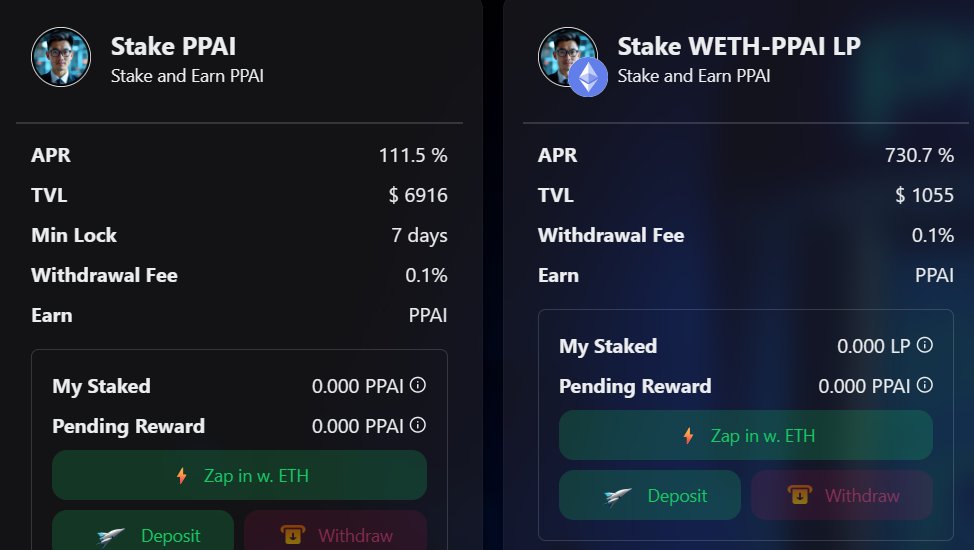 ProfitPilot_AI's tweet image. staking rewards have been resumed!

stake your $PPAI for 100% APR or stake your PPAI-WETH LP for 700%

zap in easily using your $ETH on @base

the beta version of our blockchain research agent is getting closer.  join us as we grow 🌲