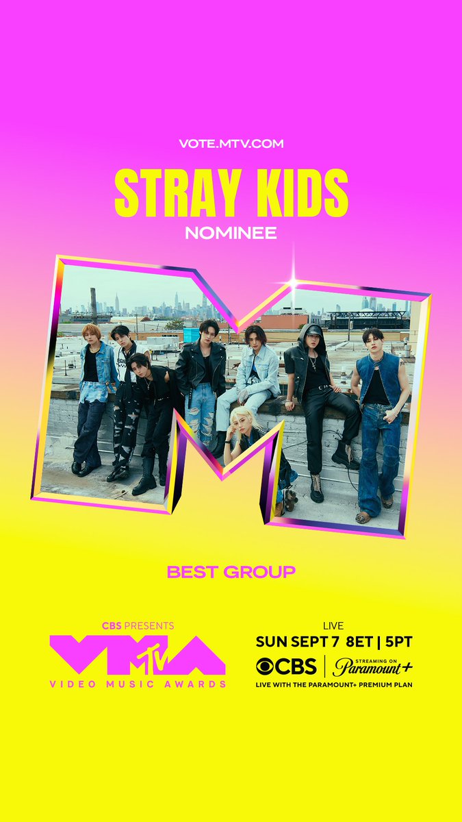 Video Music Awards (@vmas) on Twitter photo <a href="/Stray_Kids/">Stray Kids</a> made it to the *final round* of Best Group!
Vote NOW on <a href="/MTV/">MTV</a>’s Instagram story + tune in to 2025 #VMAs on Sunday at 8p on CBS and <a href="/paramountplus/">Paramount+</a> to see who wins.
Reply with a 🌟 if you voted for Stray Kids today! <a href="/Stray_Kids/">Stray Kids</a> made it to the *final round* of Best Group!
Vote NOW on <a href="/MTV/">MTV</a>’s Instagram story + tune in to 2025 #VMAs on Sunday at 8p on CBS and <a href="/paramountplus/">Paramount+</a> to see who wins.
Reply with a 🌟 if you voted for Stray Kids today!