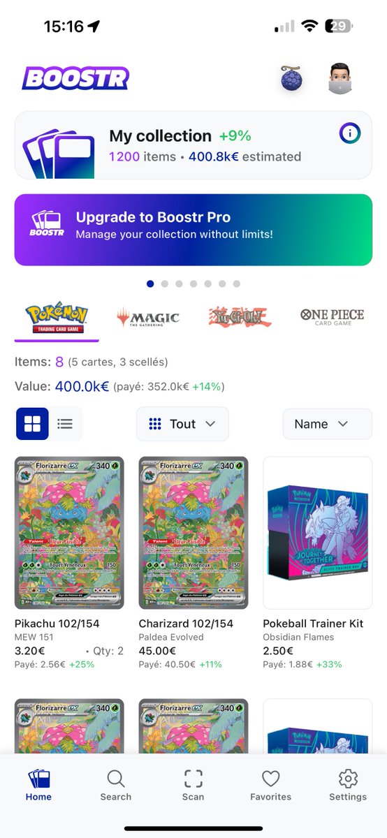 jessimdev's tweet image. 🇫🇷 🚀 Jour #24
✅ Section de recherche terminée
✅ Ajout du support des produits scellés (boosters, displays, et tout type de produit TCG dispo sur CardMarket ou eBay)
✅ Ajout du prix d’achat des produits pour le comparer au prix actuel et fournir un indicateur de croissance…