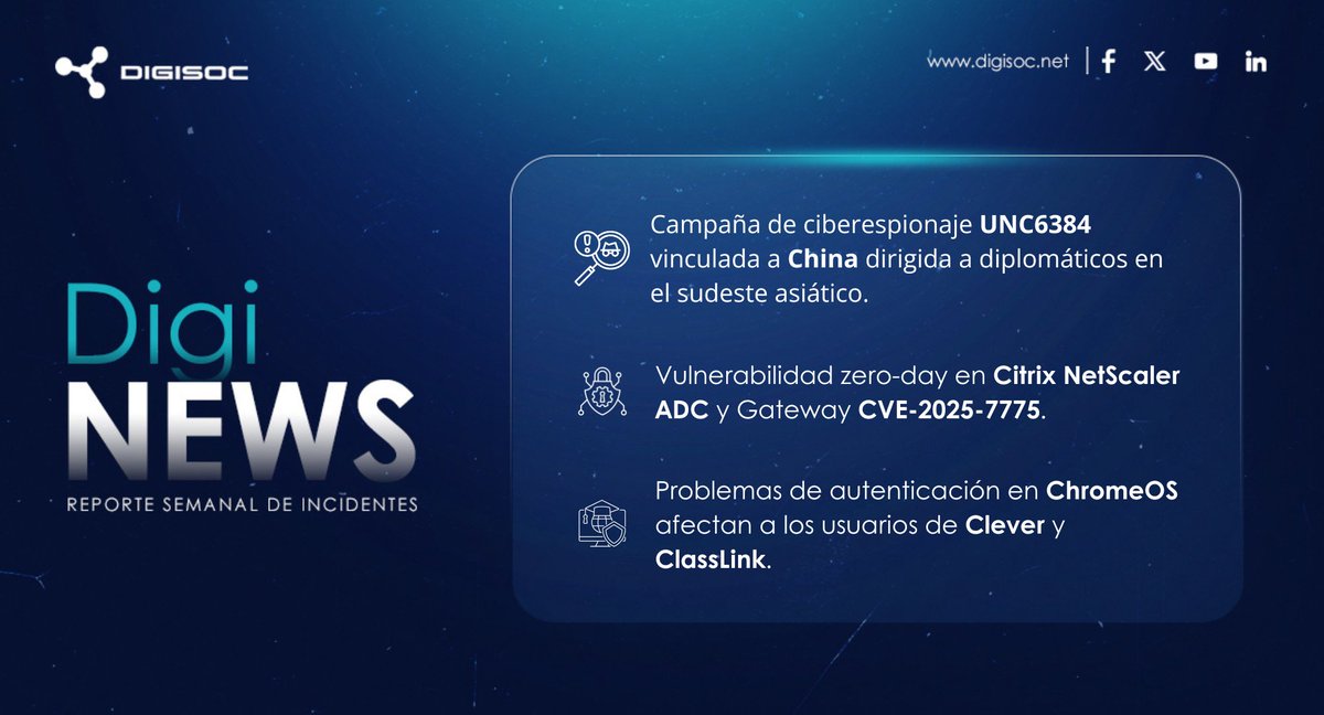 digisoc_mdr's tweet image. #Boletín 🚀Manténgase informado sobre las noticias de #Ciberseguridad del 18 al 24 de agosto 2025.
🎯Nuestro equipo de investigación de #Digisert analiza los principales casos en el mundo #Cibernético.
Link 🔗lnkd.in/ezZJimrB