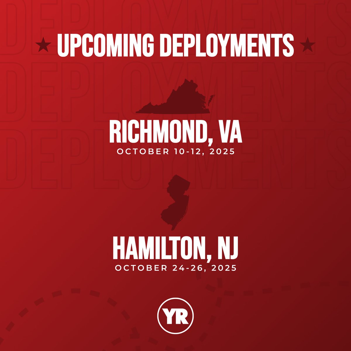 🚨 CALLING ALL YOUNG REPUBLICANS! 🚨

This October, Young Republicans are hitting the ground in two critical states:

📍 Richmond, VA | Oct 10–12
📍 Hamilton, NJ | Oct 24–26

We’re knocking doors, making an impact, and fighting to HOLD Virginia and FLIP New Jersey! 💪🇺🇸

Sign up,