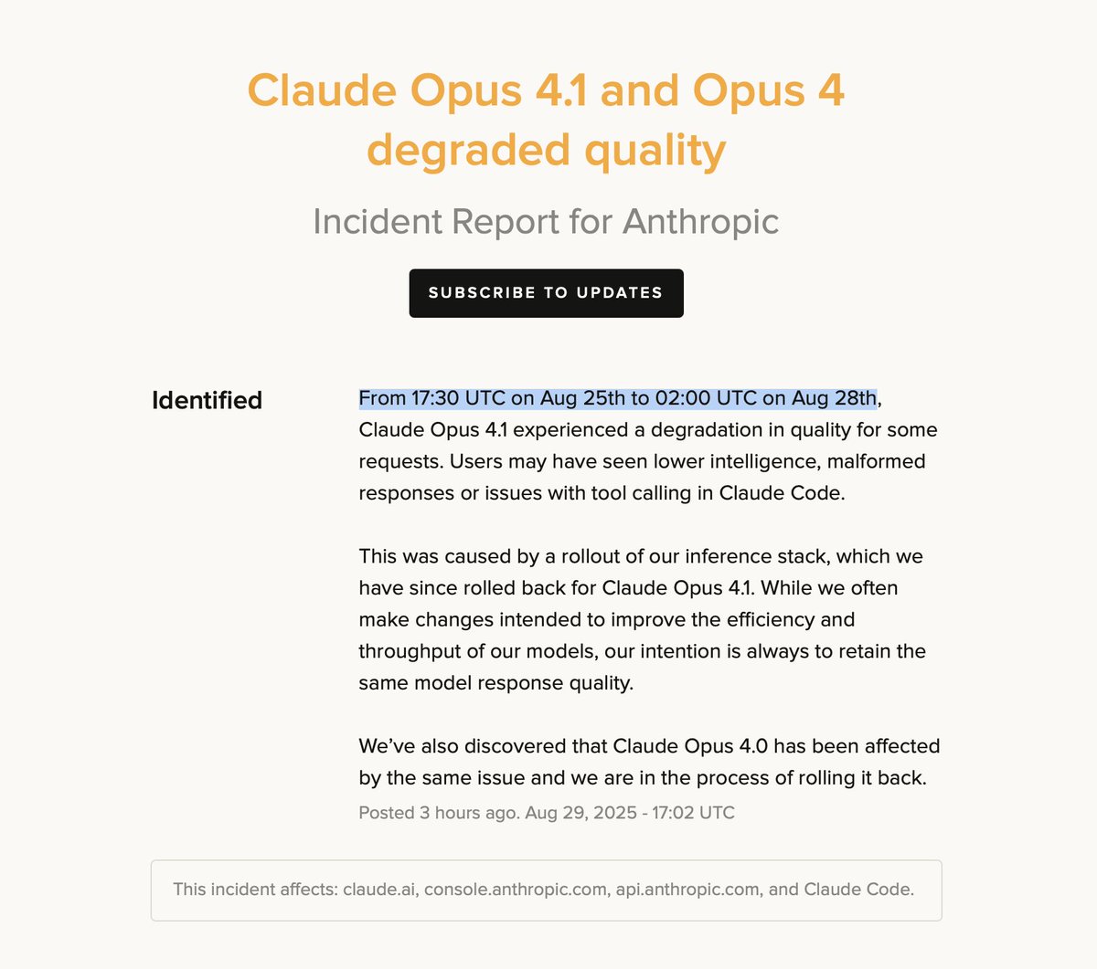 __tosh's tweet image. 👀 If you thought Opus was a bit mid lately

Anthropic tried a new inference stack and that caused degraded performance

status.anthropic.com/incidents/h26l…