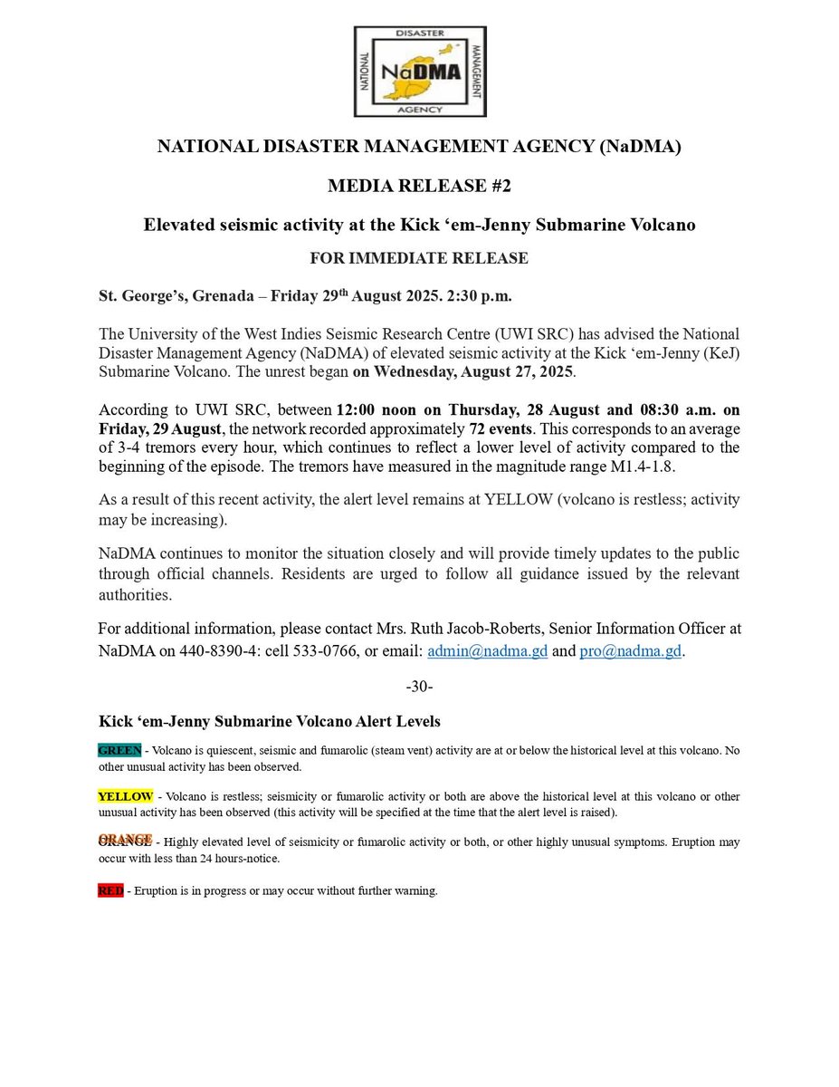 2nd press release from NaDMA Grenada regarding increased seismic activity at the Kick em Jenny Volcano. The alert level remains at YELLOW with the 1.5km exclusion zone always in effect. Read more here: facebook.com/share/p/14Mdev…