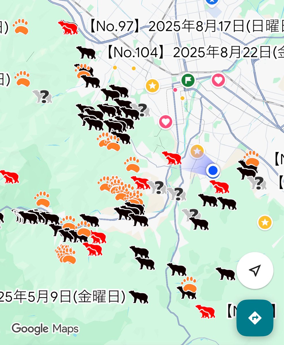 dadsweb67's tweet image. Bear sightings in Sapporo since May. The blue dot is my house😱