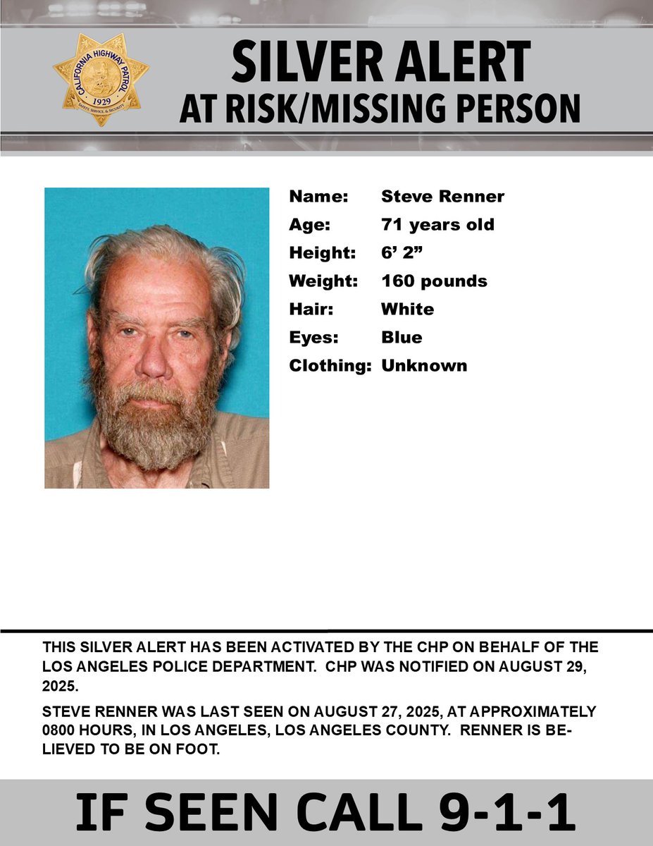 Silver Alert - Los Angeles County
Last seen: W Vernon Ave and S Vermont Ave, Los Angeles
@LAPDmissing

IF SEEN, CALL 9-1-1
