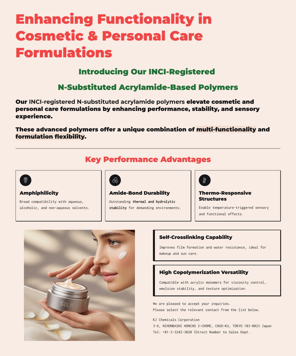 kouji_teramoto's tweet image. INCI-registered acrylamide polymers for smarter cosmetic formulations! ✔️ Amphiphilic ✔️ Thermo-responsive ✔️ Self-crosslinking ✔️ Durable &amp;amp; versatile
🔗kojiteramotophd.hatenablog.com/entry/2025/08/…

#INCI #CosmeticTech #SkincareScience #CleanBeauty #PolymerInnovation #SmartFormulations #PersonalCare