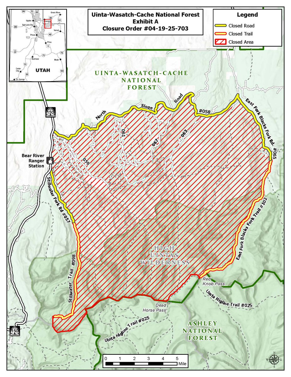 #uwcnf #BeulahFire the Highline Trailhead and the Highline Trail are open for use. The area closure remains in effect, including all roads, trails, trailhead/parking areas and recreation sites visit our website to view the closure order.  fs.usda.gov/r04/uinta-wasa…