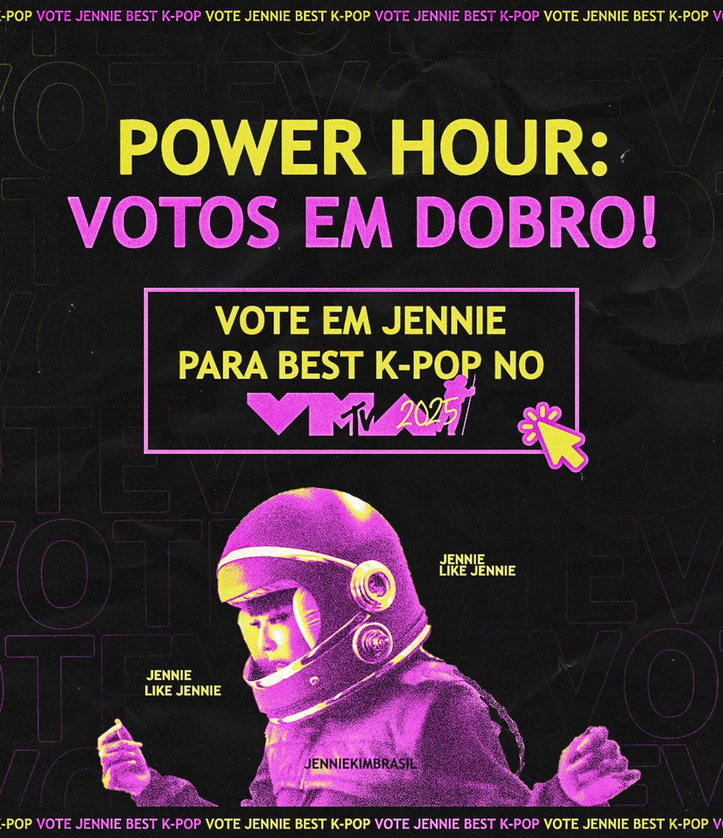 🗳| POWER HOUR: Vote em #likeJENNIE na categoria Best K-Pop para o VMAs 2025.

🚨ÚLTIMOS DIAS DE VOTAÇÃO🚨

— A cada 20 votos/conta comente com um emoji ou uma letra!

🎯 META: 60 emojis/letras até às 14h59 
🔗: mtv.com/event/vma/vote…

— Faça stream em like JENNIE para 1B