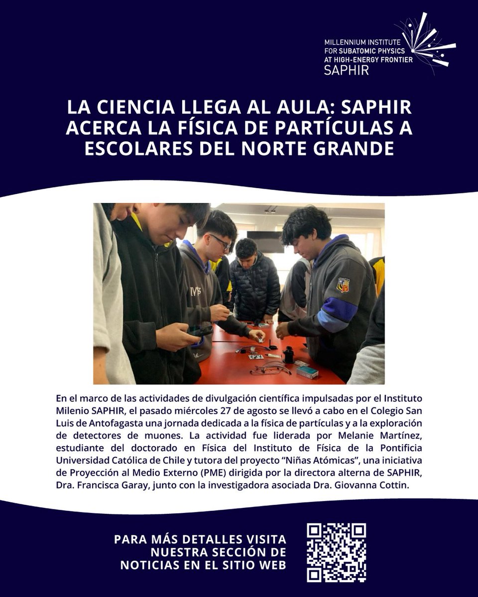 Más de 120 estudiantes del Colegio San Luis y otros establecimientos de #Antofagasta participaron en una jornada sobre física de partículas y detectores de muones, liderada por Melanie Martínez, tutora de #NiñasAtómicas 

institutosaphir.cl/la-ciencia-lle…