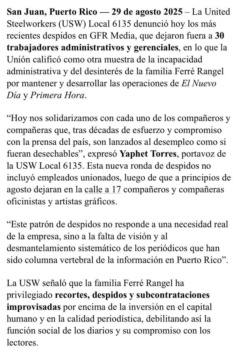 La empresa <a href="/GFRMedia/">GFR Media</a> despide a más trabajadores, reporta la <a href="/uswlocal6135/">USW Local 6135</a>. Esta vez son 30 empleados administrativos y gerenciales de las empresas Ferré Rangel, que publican <a href="/ElNuevoDia/">El Nuevo Día</a> y <a href="/primerahora/">Primera Hora</a>. #PuertoRico