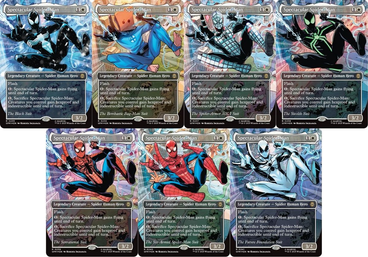 MTGスパイダーマン

テクスチャーFoil仕様「コスチュームチェンジ」ボーダーレス版カードは全7種類

コレクターブースターから１％未満の確率で当たる