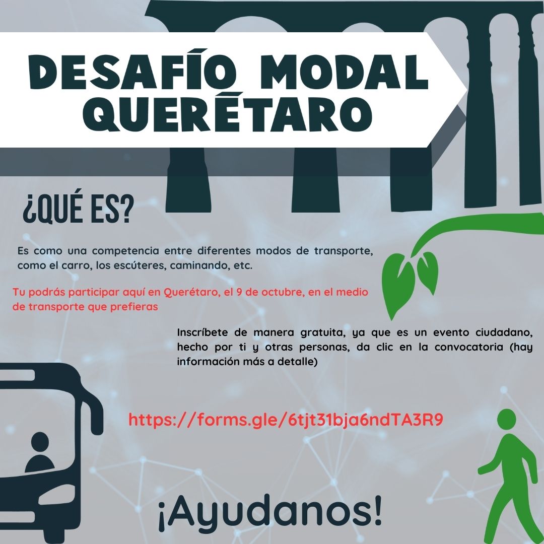 desafiomodalqro's tweet image. #DesafíoModal #Querétaro #2025

¿Qué es?

Es como una competencia entre diferentes modos de transporte, como el carro, los escúteres, caminando, etc.

Tu podrás participar aquí en Querétaro, el 9 de octubre, en el medio de transporte que prefieras.