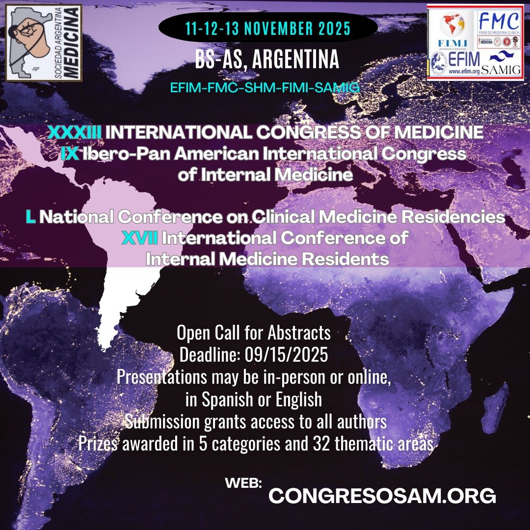 📣 𝐑𝐞𝐠𝐢𝐬𝐭𝐫𝐚𝐭𝐢𝐨𝐧 𝐢𝐬 𝐧𝐨𝐰 𝐨𝐩𝐞𝐧 𝐟𝐨𝐫 𝐭𝐡𝐞 𝐒𝐀𝐌 𝟐𝟎𝟐𝟓 𝐂𝐨𝐧𝐠𝐫𝐞𝐬𝐬!
🩺November 11-13, in Buenos Aires
🏥+25 scientific societies
🏫Venue: UCA – Puerto Madero
✅100% in-person, with the possibility of presenting papers virtually
✅7 simultaneous