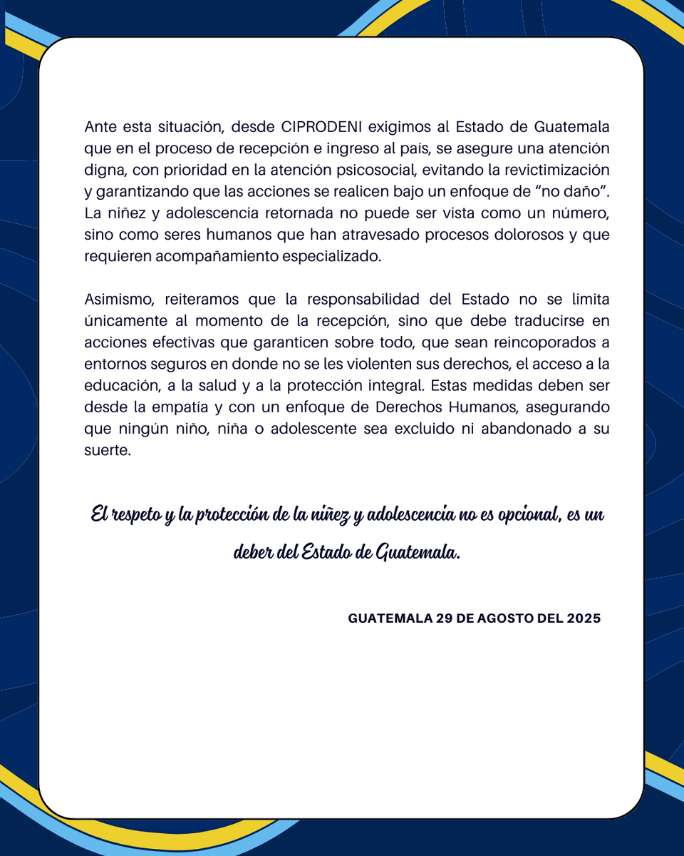 🚨 600 niñas, niños y adolescentes retornan a 🇬🇹 desde EE. UU. tras detención ilegal.
Exigimos atención digna, psicosocial y sin revictimización.
📢 El respeto y la protección de la niñez no es opcional, es un deber del Estado.

#NiñezConDerechos #CIPRODENI
