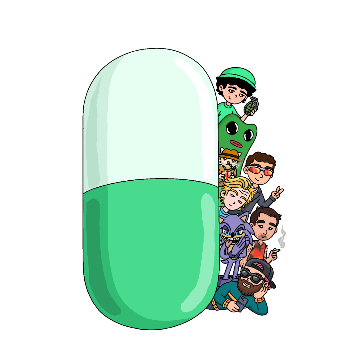 卡通人物从绿色药丸胶囊中冒出，象征加密叙事洞见
