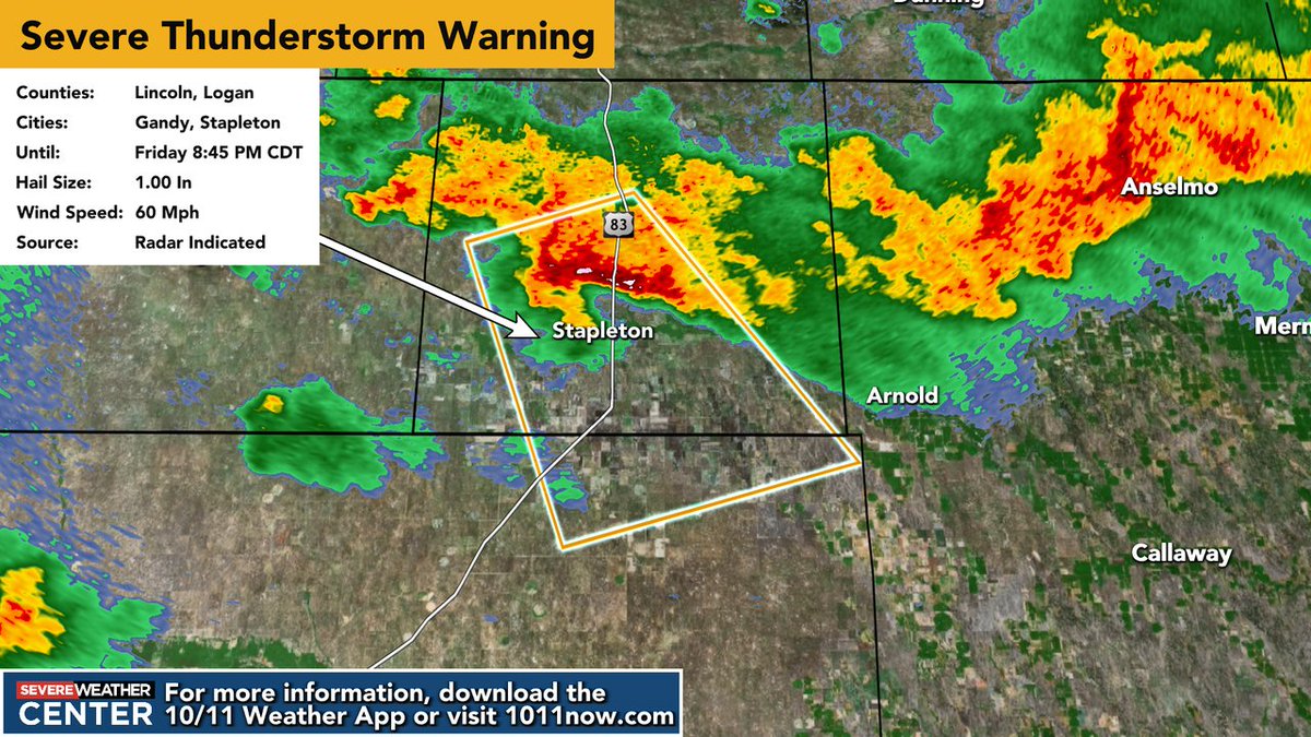 A Severe Thunderstorm Warning has been issued for Logan, Lincoln Co(s) until Aug 29 8:45PM CDT. Large hail, damaging winds, torrential rain, and frequent lightning are possible. For more info, visit 1011now.com/weather #NEwx