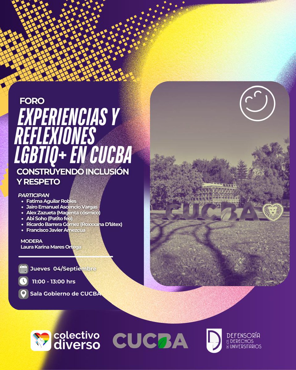 🌈 Foro LGBTIQ+: Experiencias y reflexiones 🌈
Construyendo inclusión y respeto 💜

🗓 Jueves 4/sep | 🕚 11-13 h
📍 Sala de gobierno, CUCBA

✨ Con: estudiantes de CUCBA 🌍

💬 ¡No te pierdas esta conversación, para coincidir, encontrarnos y habitar!🏳️‍⚧️🏳️‍🌈
<a href="/ErikaLoyoB/">Érika Loyo Beristáin</a>
