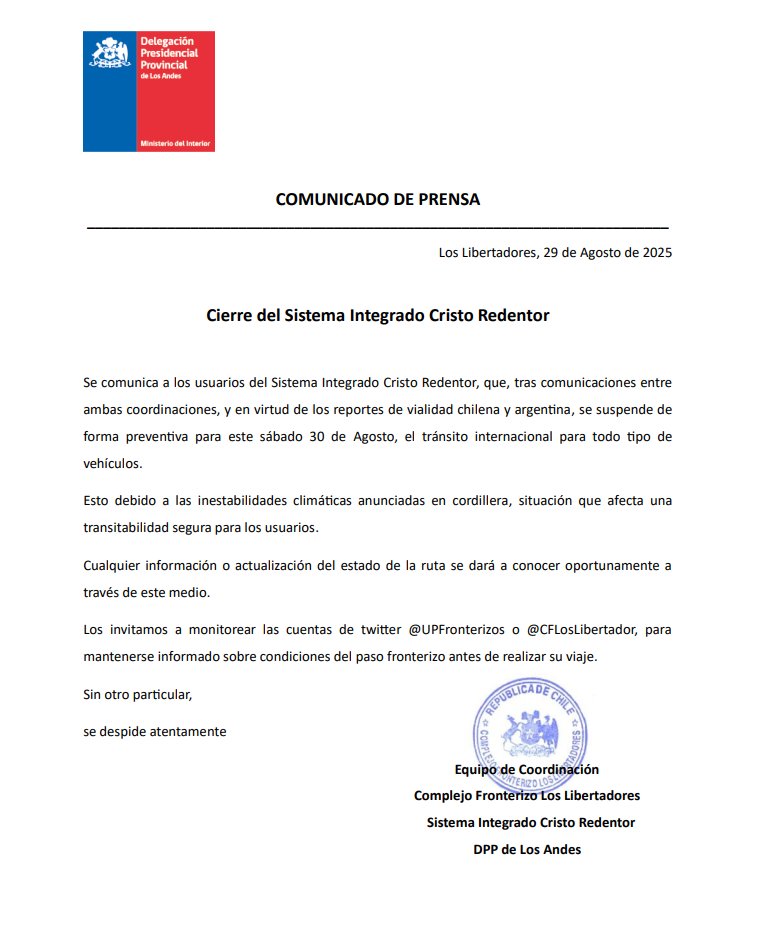 ⚠️Complejo Los Libertadores: se informa a los usuarios del complejo Los Libertadores que mañana sábado 30 de septiembre se mantendrá ⛔️CERRADO⛔️ debido a un posible sistema frontal que podría afectar la alta montaña 👇