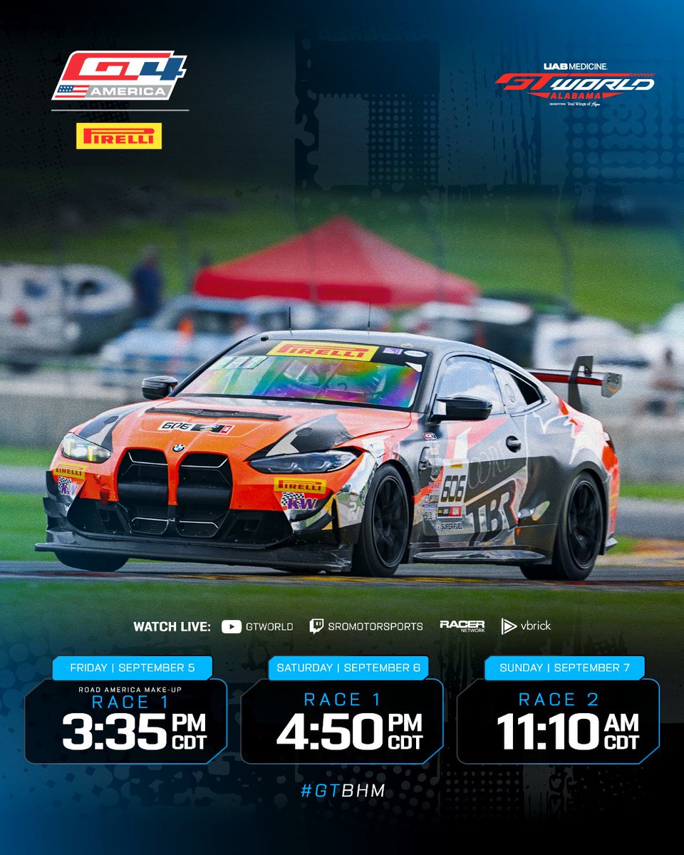 GT4America's tweet image. #GTRoadAmerica Race 1 🔀 but make it #GTBHM

Our Road America makeup race is live NOW from @BarberMotorPark!

Tune in now ⬇️
🟣 twitch.tv/sromotorsports…
🔴 youtube.com/gtworld
⏱️ gt4-america.com/watch-live

#GT4America
