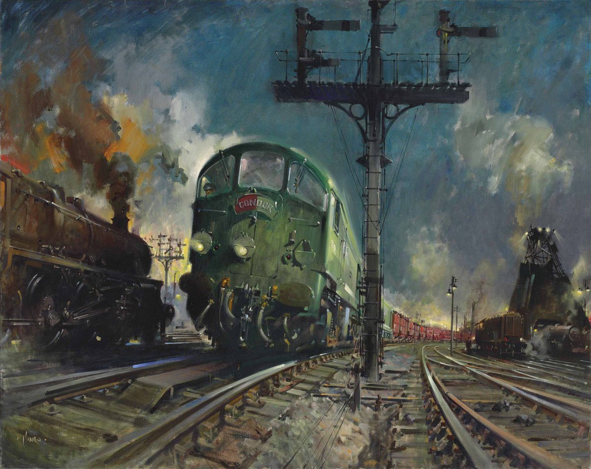 Night Freight (Condor)

Terence Cuneo, 1960

A Class 28 ‘metrovick’ hauls Condor, a London to Glasgow express container train, the forerunner of today’s Freightliner services

And that’s what I’ll be doing tonight, driving the night freight…