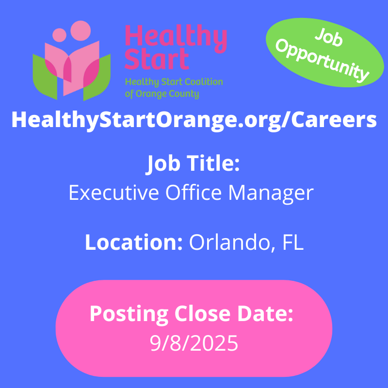 HealthyStartORG's tweet photo. Work with the Healthy Start Coalition of Orange County, Inc.!

JOB TITLE: Executive Office Manager
LOCATION: Orlando, FL
CLOSE DATE: 09/08/2025

APPLY: https://t.co/QPpH22Bp57

#Orlando #nowhiring #OrangeCountyFL #HealthyStartOrange #hiring #jobsearch https://t.co/gUmQZaicht