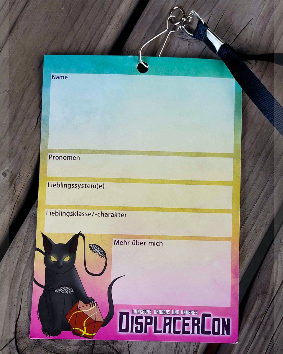 Auf der DisplacerCon erhalten alle ein Lanyard mit A6-Namensschild ♥
Damit wollen wir ermöglichen, dass sich Leute vom Discord, die sich noch nie gesehen haben, trotzdem erkennen, sowie optional die gewünschten Pronomen zu notieren. (1/2) 

#rollenspiel #ttrpg #rpg #dnd5e #dnd