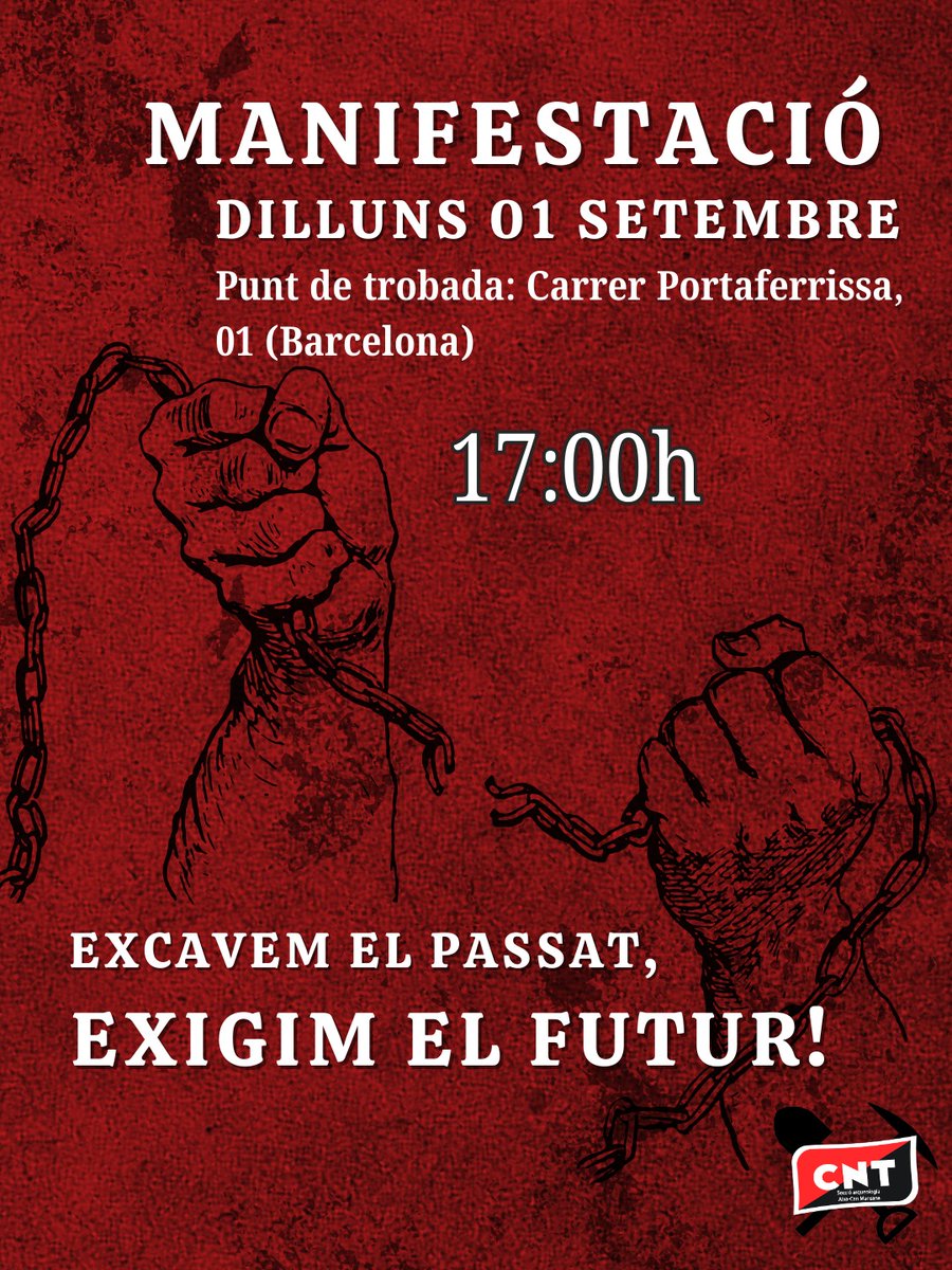 📢 Manifestació
🗓 Dilluns 1 de setembre – 17:00 h
📍 Carrer Portaferrissa, 1 – BCN
És la 2a vaga del sector a Catalunya en més de 10 anys.
Excavem el passat, exigim el futur! ✊
#CNT #Vaga #Barcelona #Arqueologia #DretsLaborals  #AixaCNT #Huelga #Derechos #Archaeology