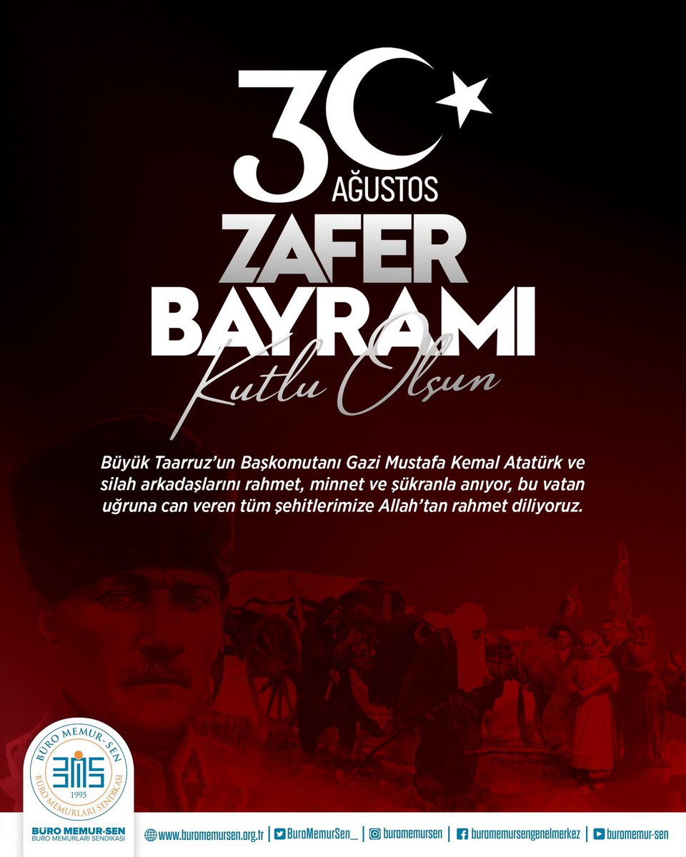 30 AĞUSTOS ZAFER BAYRAMI’MIZIN 103. YIL DÖNÜMÜ KUTLU OLSUN 🇹🇷

Büyük Taarruz’un Başkomutanı Gazi Mustafa Kemal Atatürk ve silah arkadaşlarını rahmet, minnet ve şükranla anıyor, bu vatan uğruna can veren tüm şehitlerimize Allah’tan rahmet diliyoruz.
