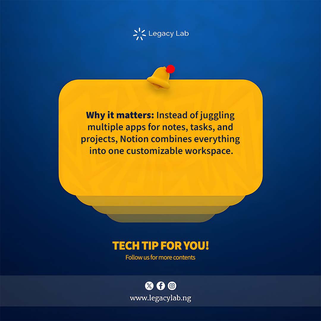 legacylabng's tweet image. Work smarter, not harder.
unlock productivity with Notion AI, your all-in-one smart work tool
Don’t be told,try it today.
#legacylabng #notionai #fridaytechtips