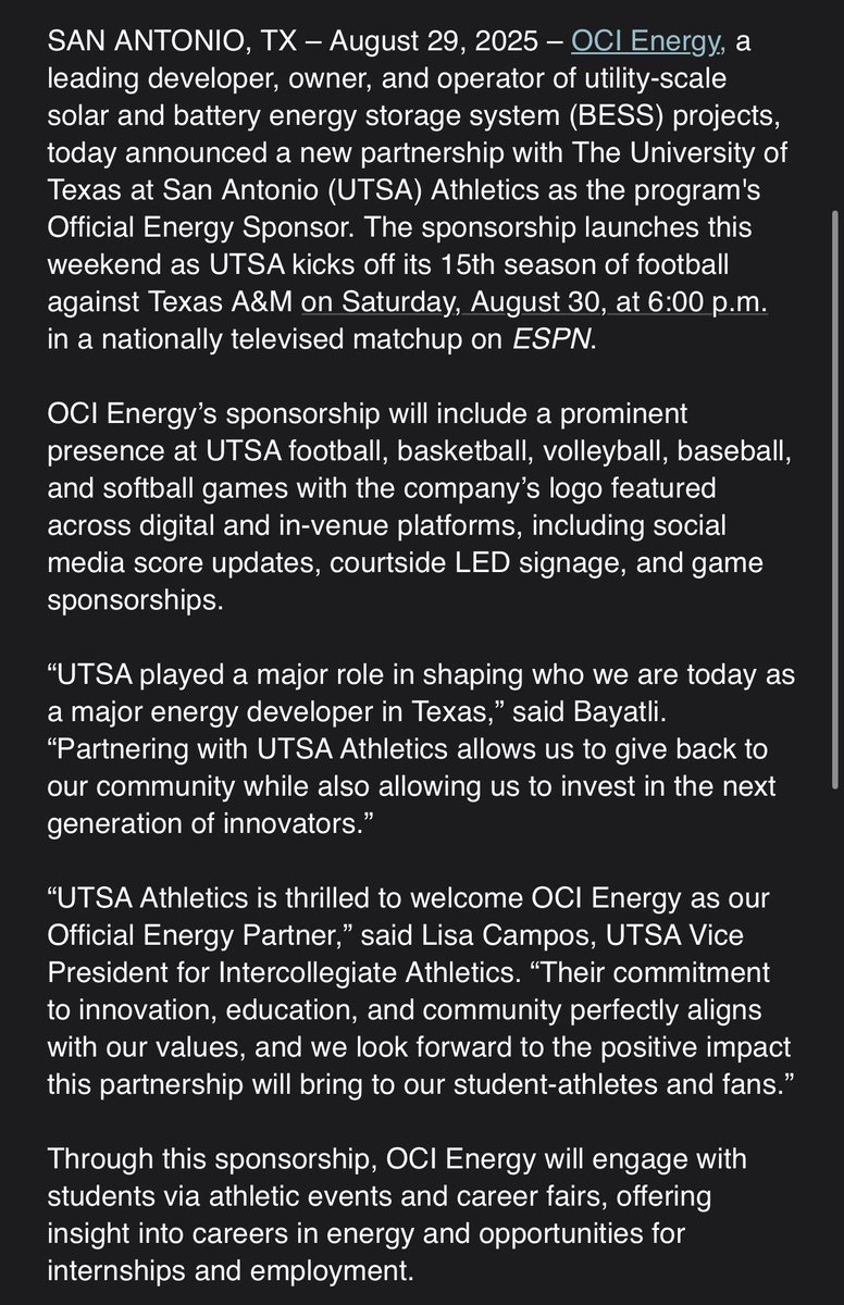 BirdsUp.com (@utsarivals) on Twitter photo OCI Energy becomes Official Energy Sponsor of UTSA Athletics. OCI Energy becomes Official Energy Sponsor of UTSA Athletics.