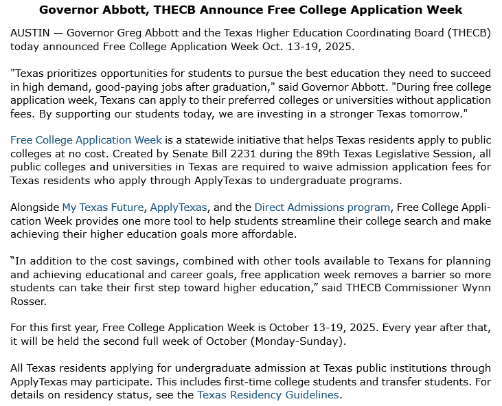Governor Abbott Press Office (@govabbottpress) on Twitter photo Governor <a href="/GregAbbott_TX/">Greg Abbott</a> and the THECB announced Free College Application Week from October 13 - 19, 2025.
During this week, Texans applying to undergraduate programs in the state will be able to apply to public colleges for free.
More: bit.ly/4ph3Bd5 Governor <a href="/GregAbbott_TX/">Greg Abbott</a> and the THECB announced Free College Application Week from October 13 - 19, 2025.
During this week, Texans applying to undergraduate programs in the state will be able to apply to public colleges for free.
More: bit.ly/4ph3Bd5