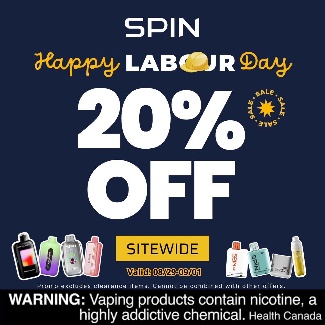 🔥 Labour Day Sale is LIVE!
⚡ 20% OFF SITEWIDE (Aug 29 – Sept 1)
🛒 No code needed – automatic discount

👉 Shop Now: spinvape.ca

#SpinVape #LabourDaySale #VapeDeals