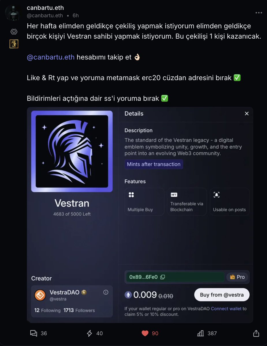 Brolyz üzerinde Vestran NFT çekilişi yapıyorum 👀

Vestran NFT nedir bilmiyorsanız alıntıladığım post'dan inceleyebilirsiniz...

Hala <a href="/BrolyzFi/">Brolyz</a>'e üye değilsen davet kodu:R7WS57DEWH