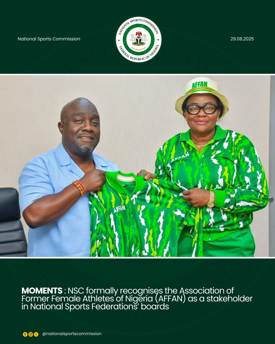 National Sports Commission (@natsportscomm) on Twitter photo ποΈ πππππ πππππΌππ: The National Sports Commission (NSC) has formally recognised the Association of Former Female Athletes of Nigeria (AFFAN) as an official stakeholder in the governance structure of National Sports Federations.
This landmark decision strengthens ποΈ πππππ πππππΌππ: The National Sports Commission (NSC) has formally recognised the Association of Former Female Athletes of Nigeria (AFFAN) as an official stakeholder in the governance structure of National Sports Federations.
This landmark decision strengthens
